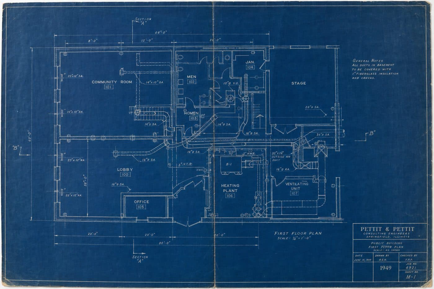 1940s hand-drafted cyanotype floor plan showing plumbing, HVAC, and electrical routing