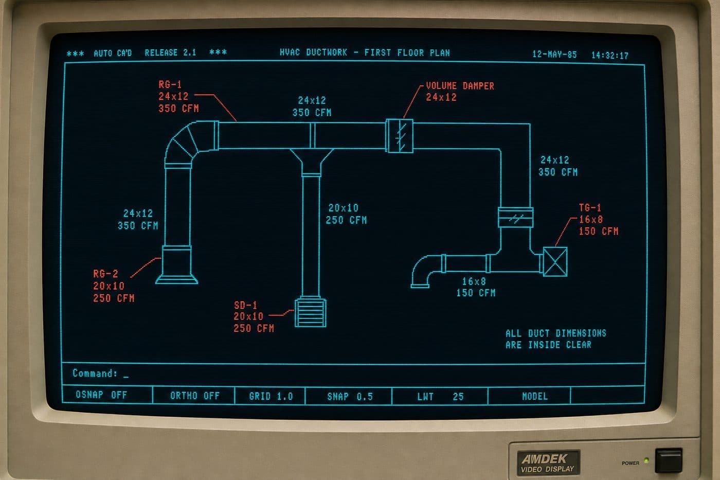 1980s CRT monitor showing early AutoCAD HVAC ductwork drawings