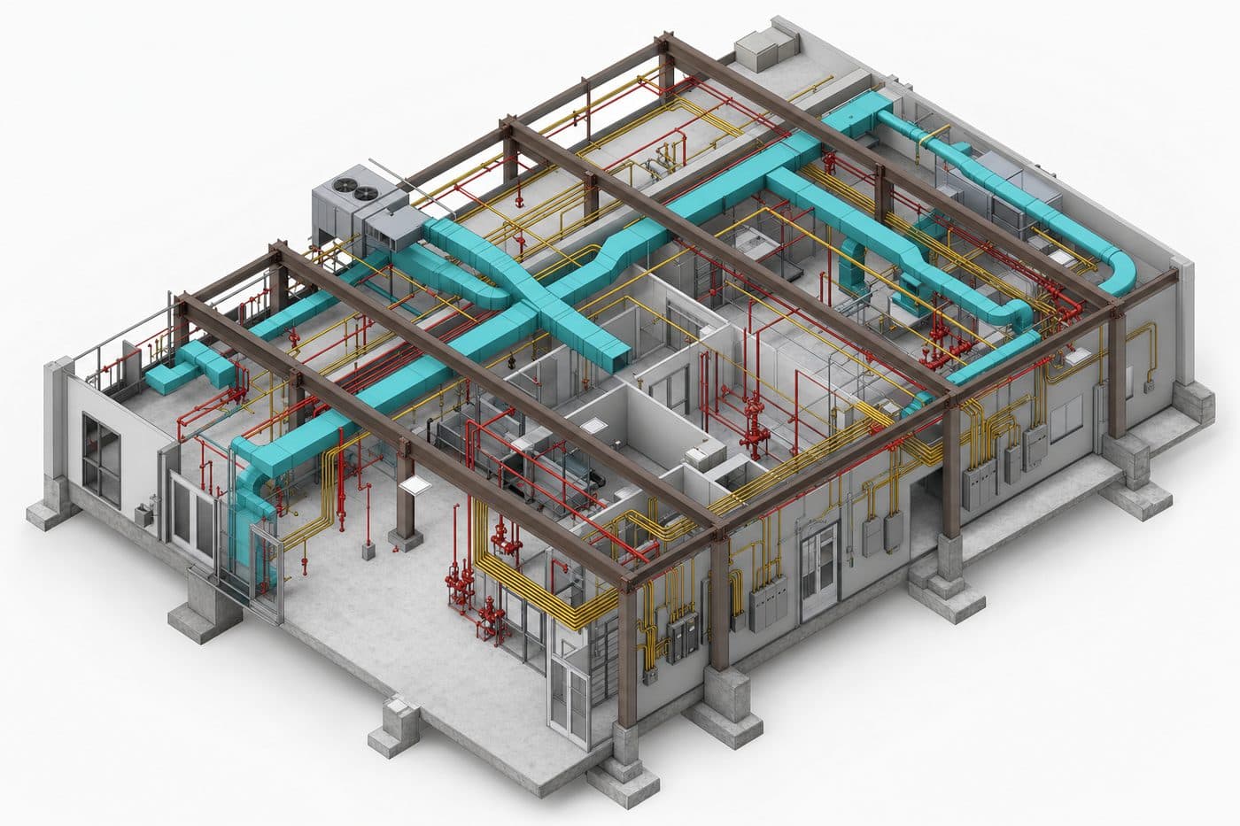 Modern Revit BIM 3D isometric of coordinated MEP systems