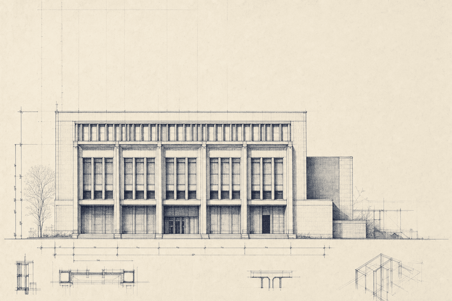 Architectural elevation drawing of a mid-century institutional building, in the style of hand drafting on parchment.